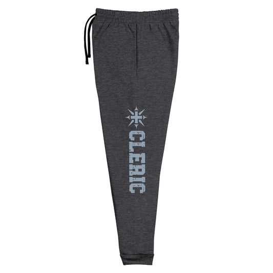 Cleric joggers made from a cozy blend of 60% cotton and 40% polyester pre-shrunk fleece, for durability and softness. Designed with a tapered fit featuring a lower rise in the front and a longer rise in the back for a flattering silhouette. Equipped with an elastic waistband and external drawcord for a customizable fit, 1×1 rib cuffs with spandex for stretch and recovery, stylish side pockets, and a striking 'Cleric' graphic along the left leg, ideal for adventurers and healers.