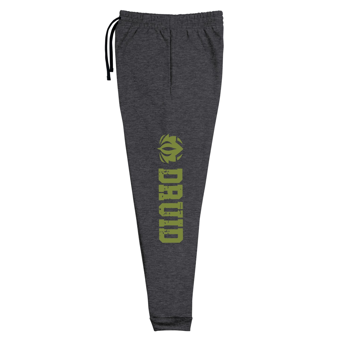 Druid joggers crafted from a luxurious blend of 60% cotton and 40% polyester pre-shrunk fleece, featuring a soft and durable fabric weight of 7.2 oz/yd² (244 g/m²). Designed with a tapered fit, lower rise in the front, and longer rise in the back for optimal movement. Includes an elastic waistband with external drawcord for a customizable fit, 1×1 rib cuffs with spandex for stretch and recovery, and stylish side pockets. The joggers are adorned with a bold 'Druid' graphic on the left leg