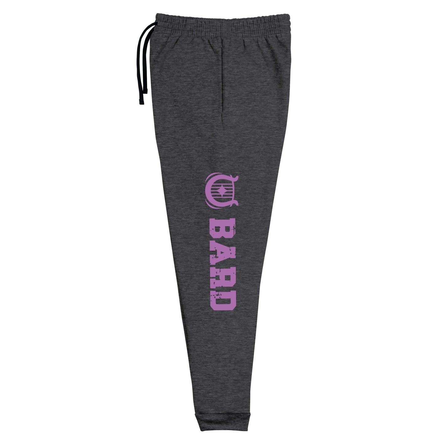 Bard joggers made from a premium blend of 60% cotton and 40% polyester pre-shrunk fleece, weighing 7.2 oz/yd² (244 g/m²) for comfort and durability. Designed with a tapered fit featuring a lower rise in the front and a longer rise in the back for ease of movement. Equipped with an elastic waistband and external drawcord for a customizable fit, 1×1 rib cuffs with spandex for flexibility and recovery, stylish side pockets, and a bold 'Bard' graphic along the left leg, perfect for adventurers and storytellers