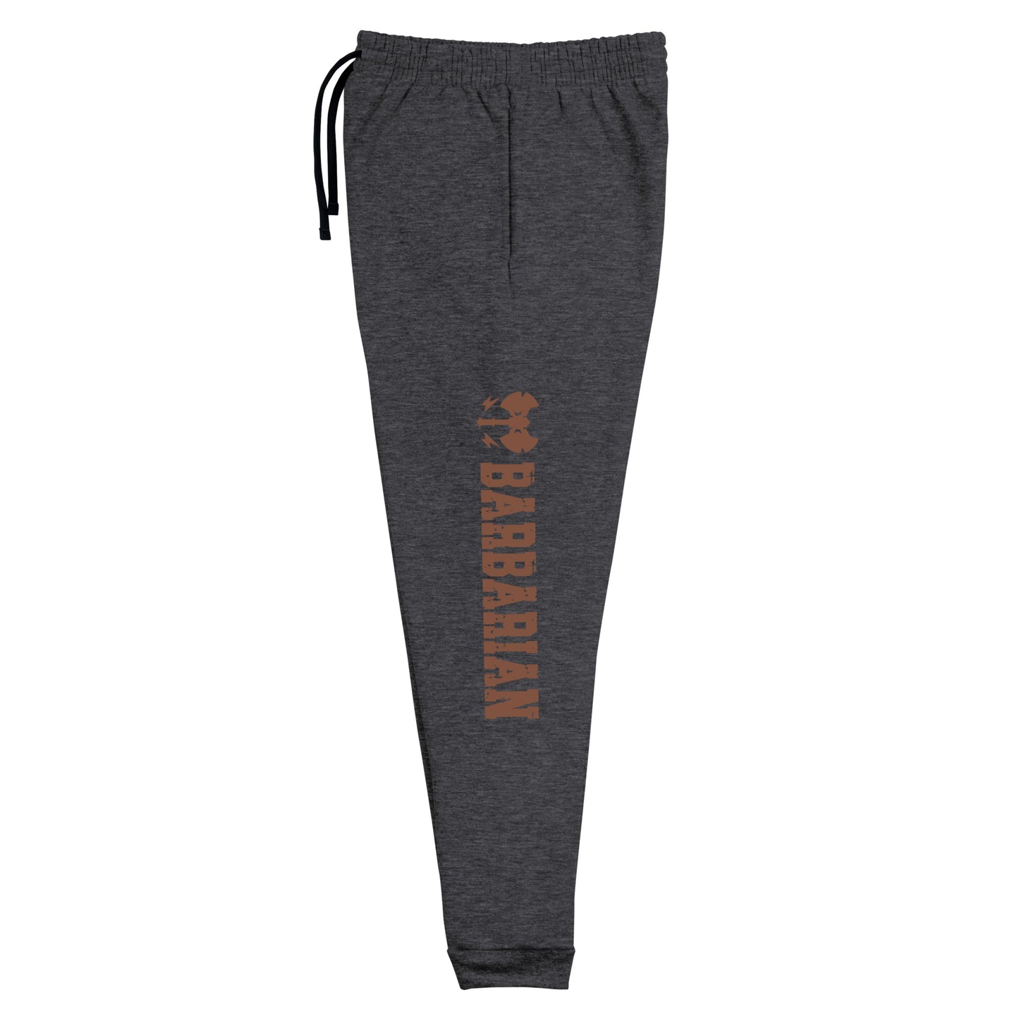 Barbarian joggers crafted from a luxurious blend of 60% cotton and 40% polyester pre-shrunk fleece, featuring a substantial fabric weight of 7.2 oz/yd² (244 g/m²). Designed with a tapered fit, lower rise front, and longer rise back for optimal movement. Equipped with an elastic waistband and external drawcord for a personalized fit, 1×1 rib cuffs with spandex for stretch and recovery, stylish contrast color drawcords, side pockets, and a bold 'Barbarian' graphic along the left leg, perfect for any adventure