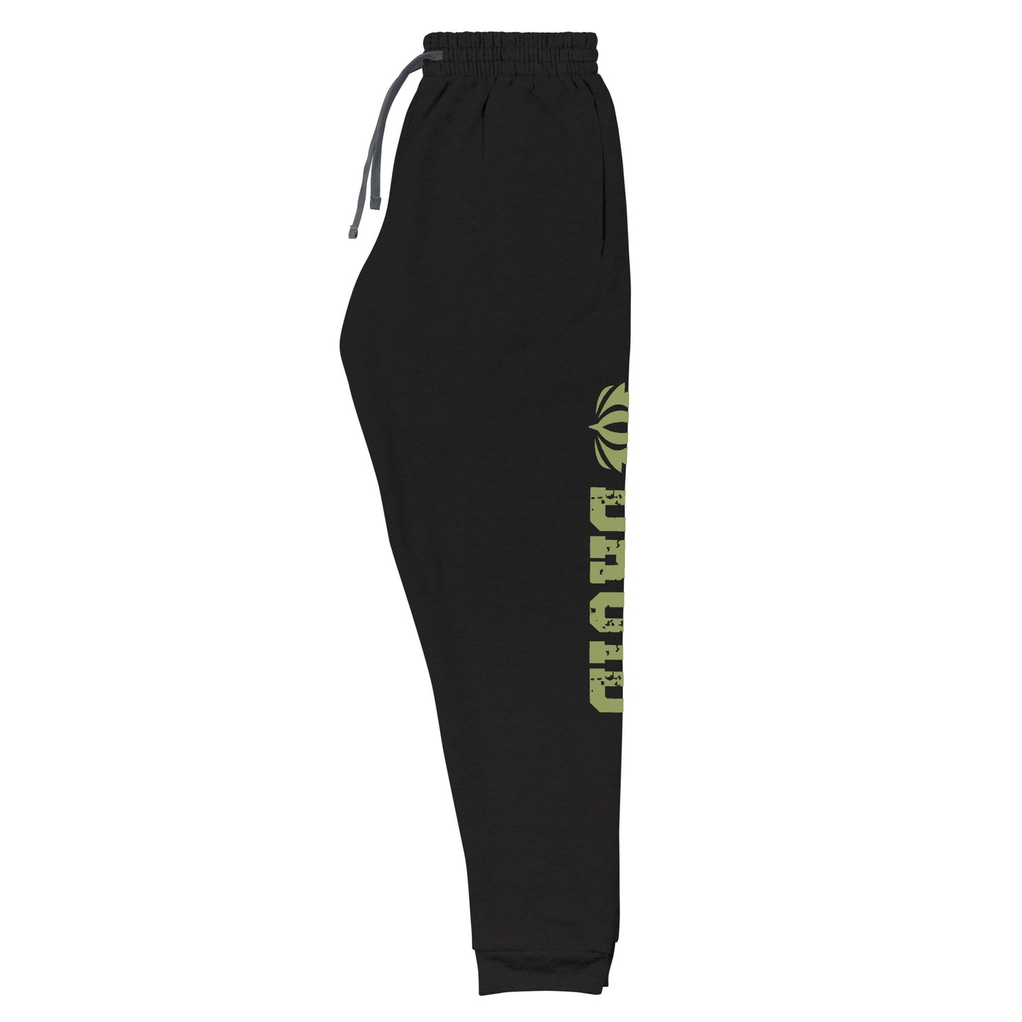 Druid joggers crafted from a luxurious blend of 60% cotton and 40% polyester pre-shrunk fleece, featuring a soft and durable fabric weight of 7.2 oz/yd² (244 g/m²). Designed with a tapered fit, lower rise in the front, and longer rise in the back for optimal movement. Includes an elastic waistband with external drawcord for a customizable fit, 1×1 rib cuffs with spandex for stretch and recovery, and stylish side pockets. The joggers are adorned with a bold 'Druid' graphic on the left leg