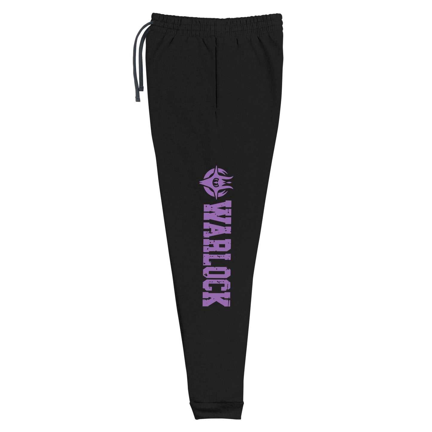 dnd warlock joggers, uxurious blend of 60% cotton and 40% polyester pre-shrunk fleece. Designed with a tapered fit, lower rise in the front, and longer rise in the back for optimal movement. Includes an elastic waistband with external drawcord for a customizable fit, 1×1 rib cuffs with spandex for stretch and recovery, and stylish side pockets. The joggers are adorned with a bold 'warlock' down the left leg