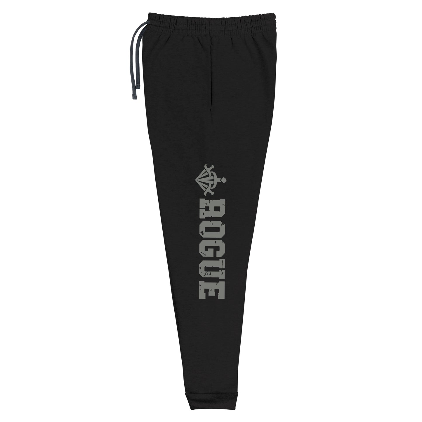 dnd rogue joggers crafted from a luxurious blend of 60% cotton and 40% polyester pre-shrunk fleece, featuring a soft and durable fabric weight of 7.2 oz/yd² (244 g/m²). Designed with a tapered fit, lower rise in the front, and longer rise in the back for optimal movement. Includes an elastic waistband with external drawcord for a customizable fit, 1×1 rib cuffs with spandex for stretch and recovery, and stylish side pockets. The joggers are adorned with a bold 'rogue' graphic on the left leg