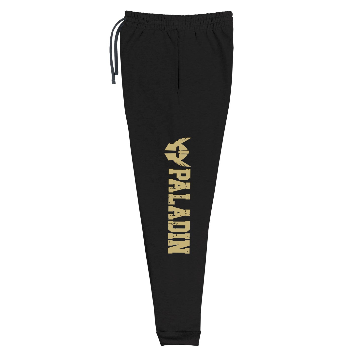 dnd paladin joggers crafted from a luxurious blend of 60% cotton and 40% polyester pre-shrunk fleece, featuring a soft and durable fabric weight of 7.2 oz/yd² (244 g/m²). Designed with a tapered fit, lower rise in the front, and longer rise in the back for optimal movement. Includes an elastic waistband with external drawcord for a customizable fit, 1×1 rib cuffs with spandex for stretch and recovery, and stylish side pockets. The joggers are adorned with a bold 'paladin' graphic on the left leg
