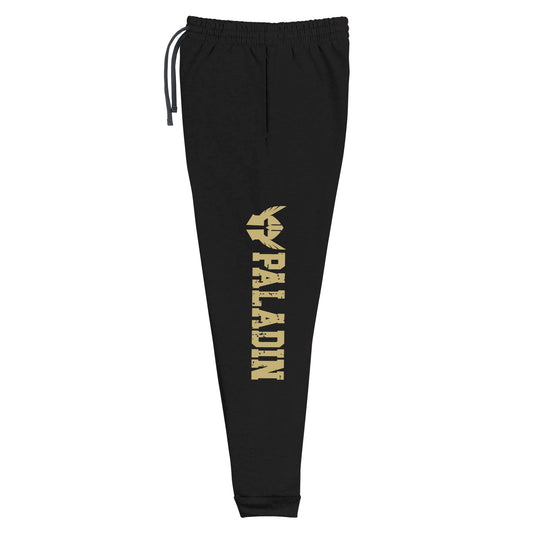 dnd paladin joggers crafted from a luxurious blend of 60% cotton and 40% polyester pre-shrunk fleece, featuring a soft and durable fabric weight of 7.2 oz/yd² (244 g/m²). Designed with a tapered fit, lower rise in the front, and longer rise in the back for optimal movement. Includes an elastic waistband with external drawcord for a customizable fit, 1×1 rib cuffs with spandex for stretch and recovery, and stylish side pockets. The joggers are adorned with a bold 'paladin' graphic on the left leg