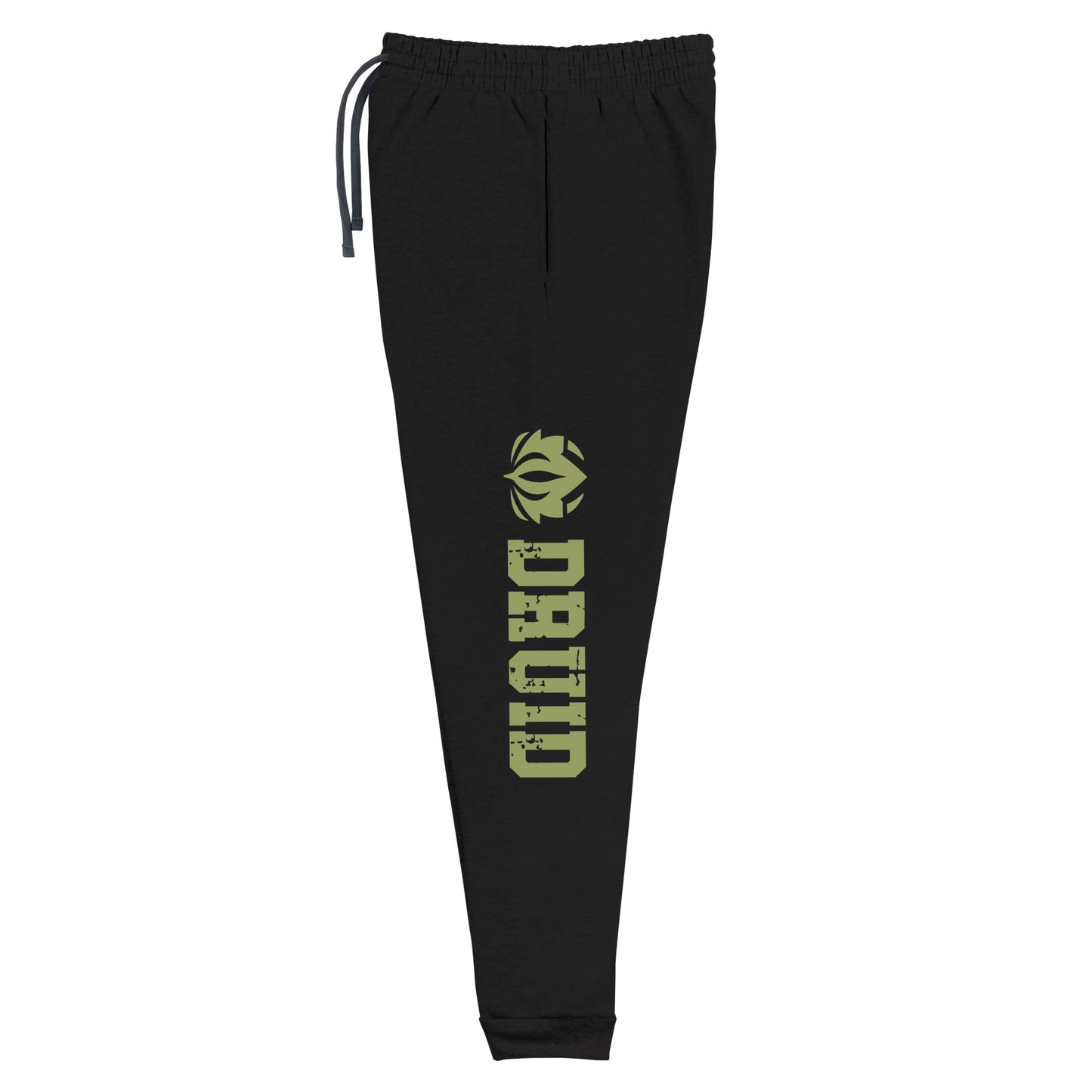 Druid joggers crafted from a luxurious blend of 60% cotton and 40% polyester pre-shrunk fleece, featuring a soft and durable fabric weight of 7.2 oz/yd² (244 g/m²). Designed with a tapered fit, lower rise in the front, and longer rise in the back for optimal movement. Includes an elastic waistband with external drawcord for a customizable fit, 1×1 rib cuffs with spandex for stretch and recovery, and stylish side pockets. The joggers are adorned with a bold 'Druid' graphic on the left leg