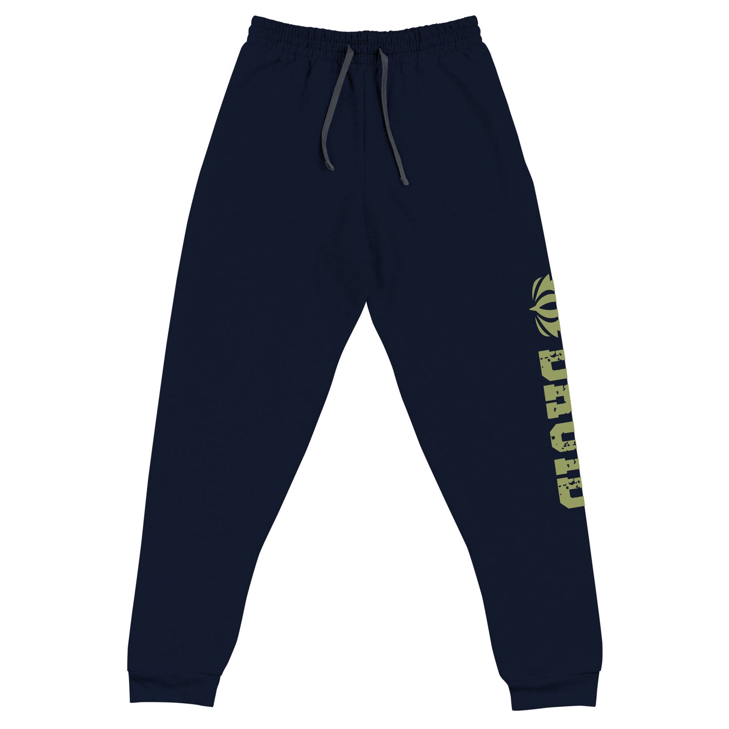 Druid joggers crafted from a luxurious blend of 60% cotton and 40% polyester pre-shrunk fleece, featuring a soft and durable fabric weight of 7.2 oz/yd² (244 g/m²). Designed with a tapered fit, lower rise in the front, and longer rise in the back for optimal movement. Includes an elastic waistband with external drawcord for a customizable fit, 1×1 rib cuffs with spandex for stretch and recovery, and stylish side pockets. The joggers are adorned with a bold 'Druid' graphic on the left leg
