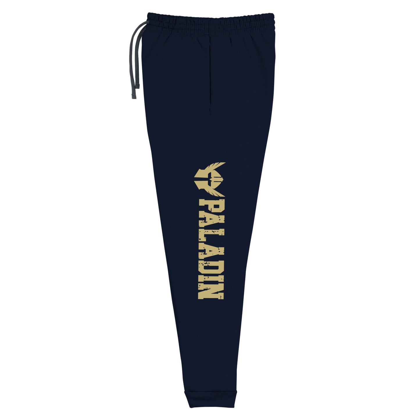 dnd paladin joggers crafted from a luxurious blend of 60% cotton and 40% polyester pre-shrunk fleece, featuring a soft and durable fabric weight of 7.2 oz/yd² (244 g/m²). Designed with a tapered fit, lower rise in the front, and longer rise in the back for optimal movement. Includes an elastic waistband with external drawcord for a customizable fit, 1×1 rib cuffs with spandex for stretch and recovery, and stylish side pockets. The joggers are adorned with a bold 'paladin' graphic on the left leg