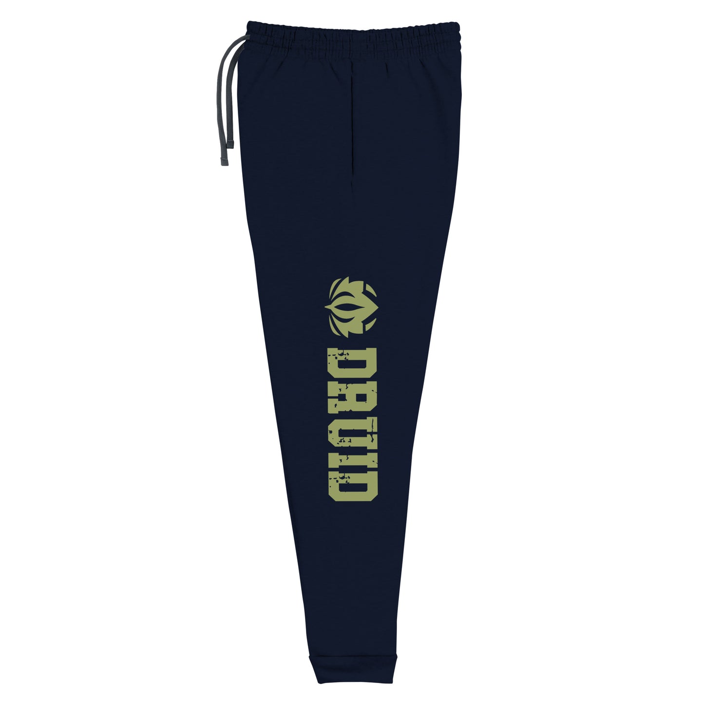 Druid joggers crafted from a luxurious blend of 60% cotton and 40% polyester pre-shrunk fleece, featuring a soft and durable fabric weight of 7.2 oz/yd² (244 g/m²). Designed with a tapered fit, lower rise in the front, and longer rise in the back for optimal movement. Includes an elastic waistband with external drawcord for a customizable fit, 1×1 rib cuffs with spandex for stretch and recovery, and stylish side pockets. The joggers are adorned with a bold 'Druid' graphic on the left leg