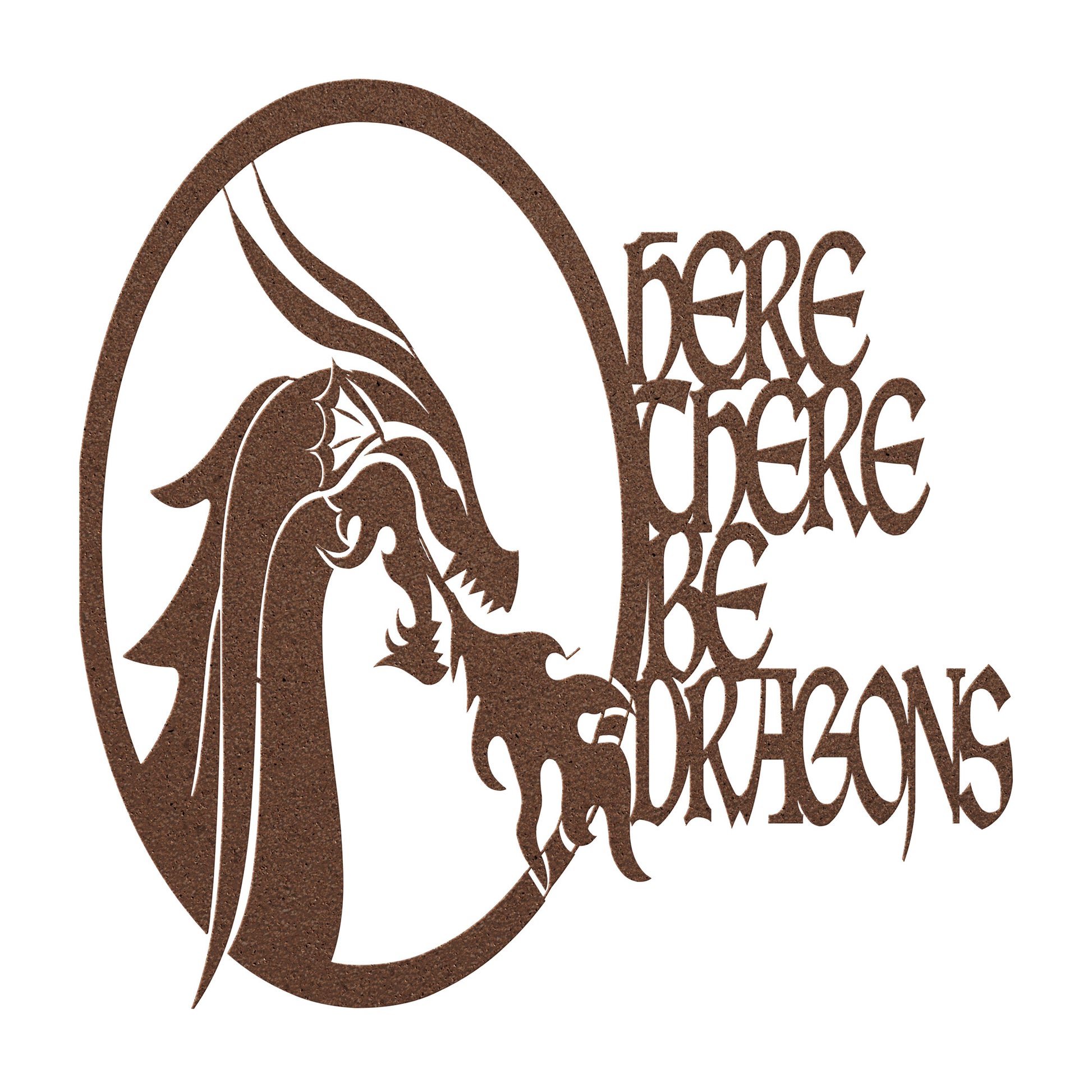 Copper metal fantasy ttrpg sign featuring a fierce dragon head breathing fire, with bold text reading 'Here There Be Dragons.' 