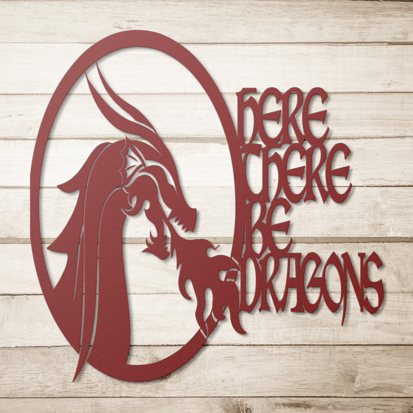 Red metal fantasy ttrpg sign featuring a fierce dragon head breathing fire, with bold text reading 'Here There Be Dragons.' 