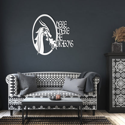White metal fantasy ttrpg sign featuring a fierce dragon head breathing fire, with bold text reading 'Here There Be Dragons.' 