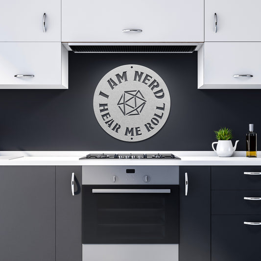 Metal sign with the phrase 'I am nerd, hear me roll' and a D20 dice design, ideal for tabletop role-playing game fans. Made from durable 18-gauge steel, available in five color options (black, red, white, copper, and silver) and six sizes (36", 30", 24", 18", 14", 12"). Perfect for adding a geek-chic touch to game rooms, home offices, or personal spaces. Mounting hardware not included.