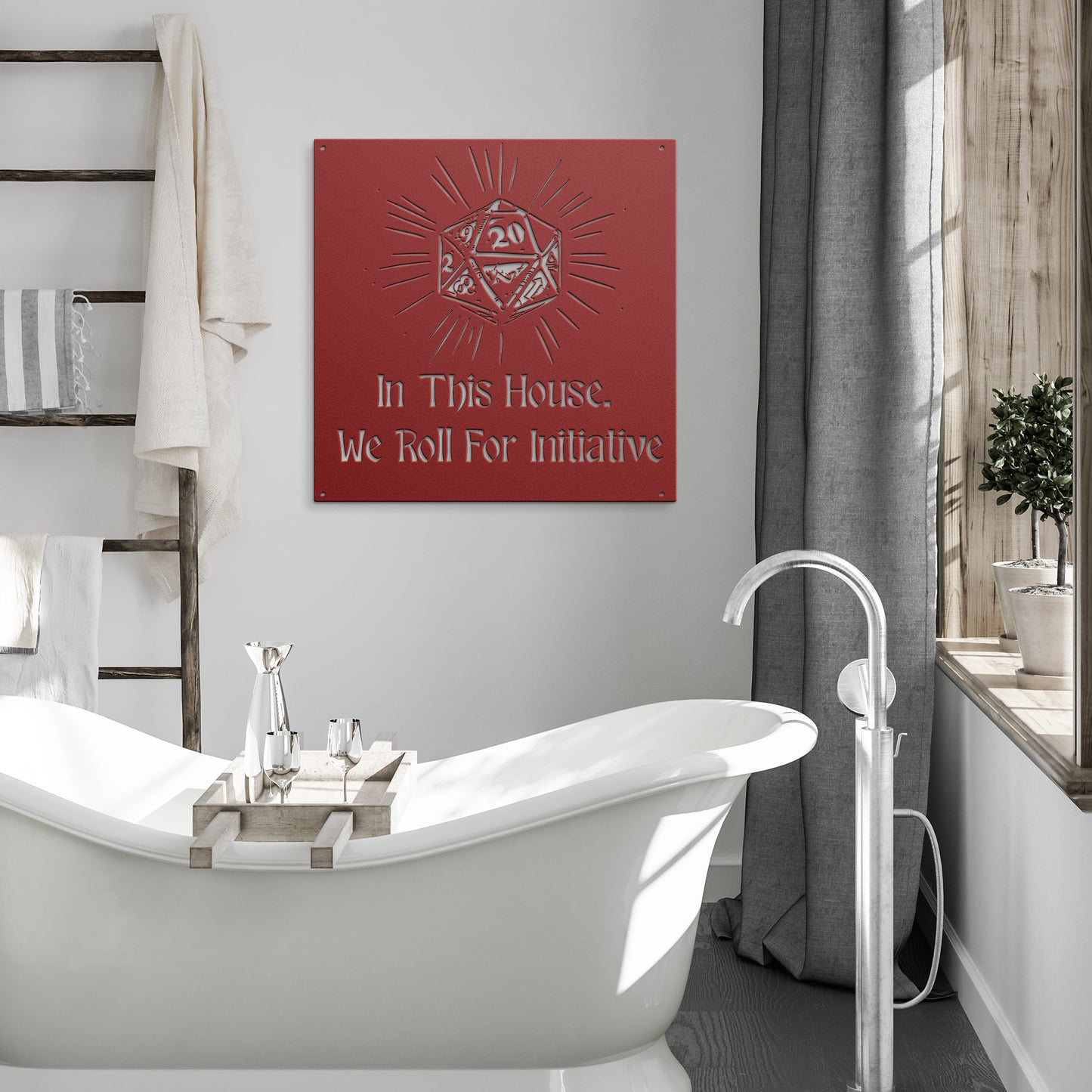 Metal sign featuring the phrase 'In This House, We Roll For Initiative' with a d20 dice design, perfect for tabletop gaming enthusiasts. Made from 18-gauge steel and powder-coated in five color options (black, red, white, copper, and silver). Available in six sizes (36", 30", 24", 18", 14", 12"), suitable for indoor or outdoor display in game rooms, patios, or living spaces. Mounting hardware not included.